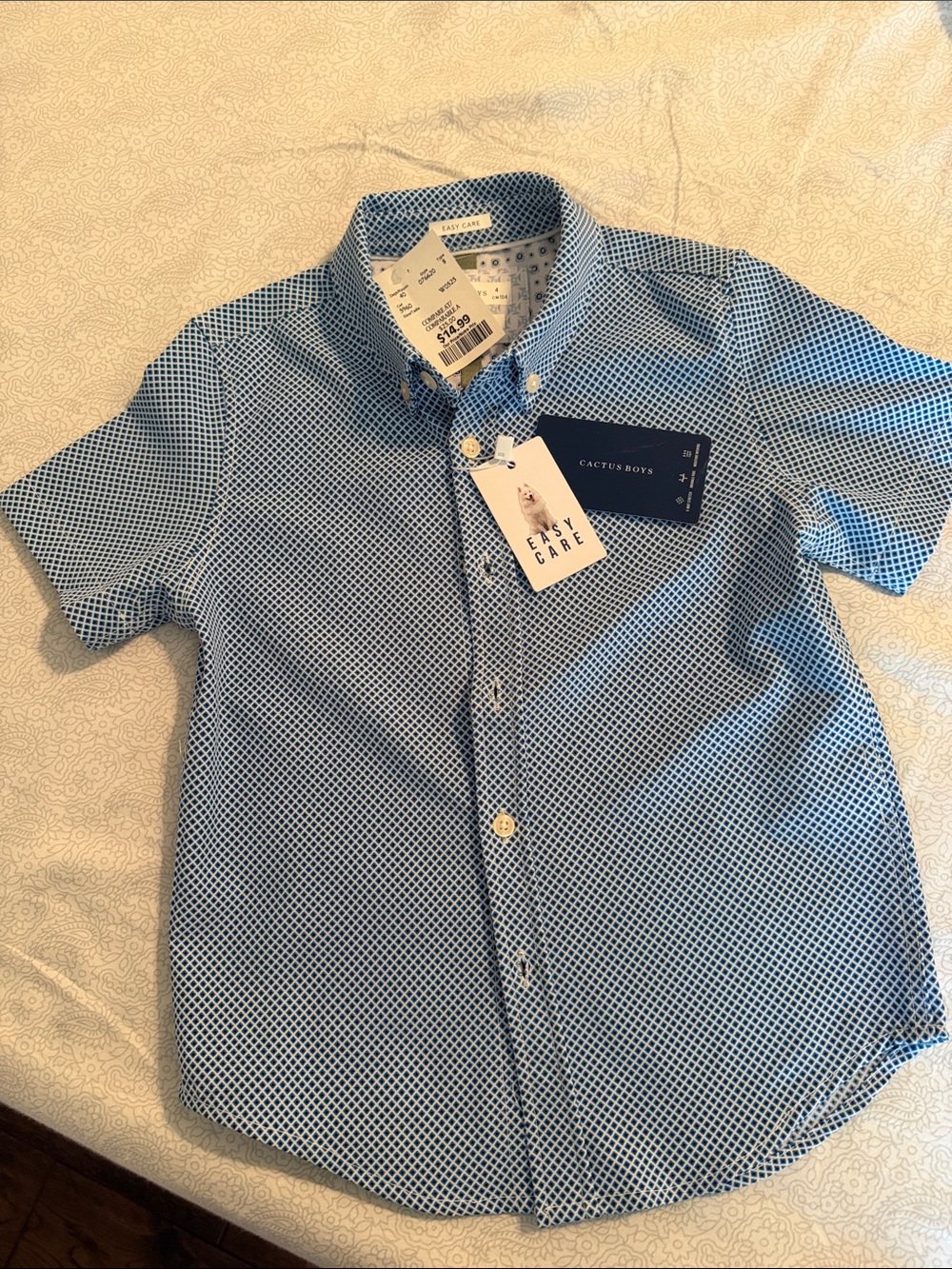 Cactus Boys Blue Geometric Print Short Sleeve Button-Up